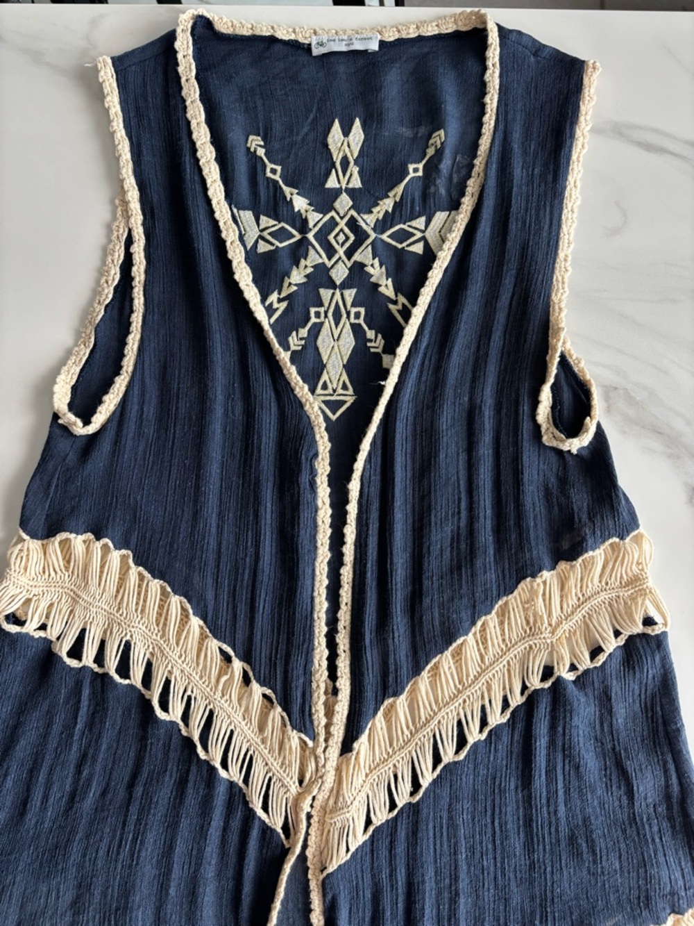 Lee Lee’s forest NYC Navy Blue Embroidered Crochet-Trim Vest Sz S